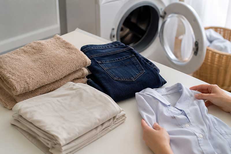 Capi pesanti e delicati da dividere prima della lavatrice Asciugamani, jeans, lenzuola e camicia separati prima del lavaggio