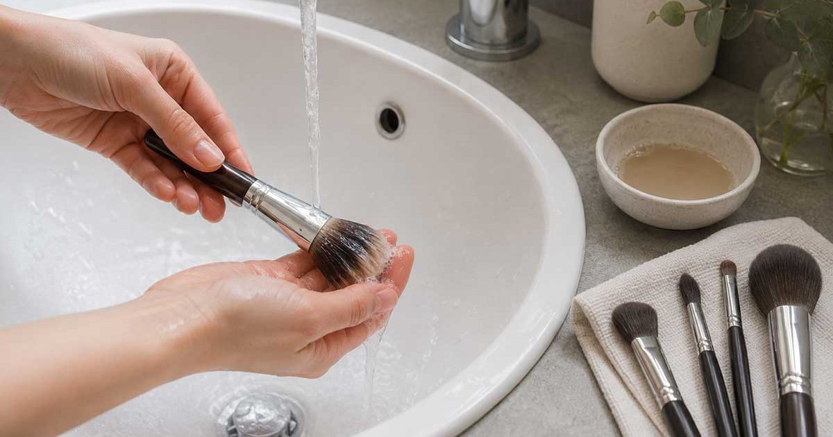 Mani che lavano delicatamente i pennelli da trucco con acqua tiepida e detergente