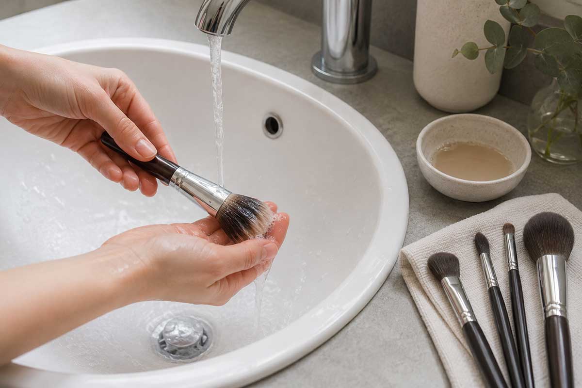 Mani che lavano delicatamente i pennelli da trucco con acqua tiepida e detergente