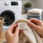 Etichetta di un vestito con simboli per lavaggio, asciugatura e stiratura