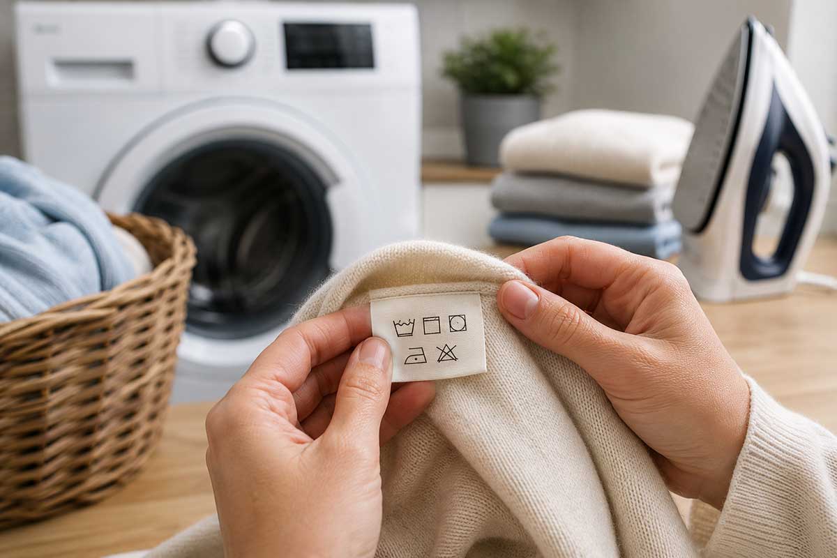Etichetta di un vestito con simboli per lavaggio, asciugatura e stiratura